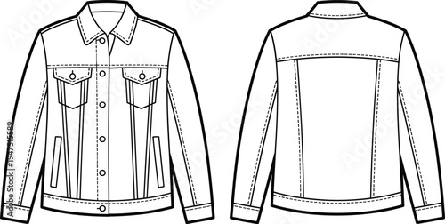 Men denim jacket front and back view technical fashion garment template with pockets, apparel CAD drawing flat vector illustration