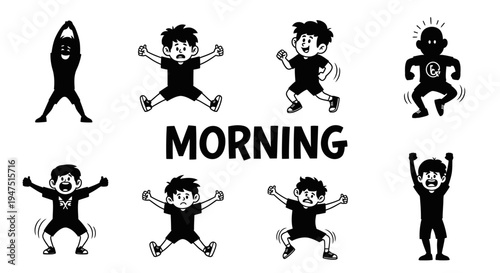 Energetic children doing morning exercises and jumping with joy, active kids celebrating and stretching.