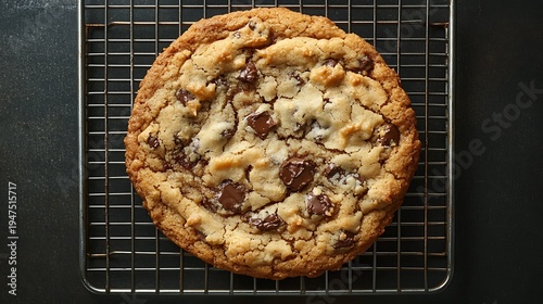 Oversized cookie with cracks and golden edges on a baking rack