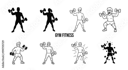 Fit individuals lifting dumbbells, gym workout, strength training, bodybuilder poses.