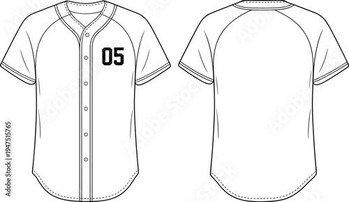 Baseball jersey front and back view raglan sleeve sports uniform template with number design, apparel CAD drawing flat vector illustration