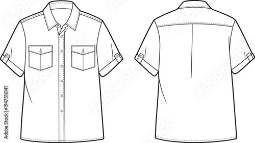 Men short sleeve button down utility shirt with chest pockets front and back view technical template, apparel CAD drawing flat vector illustration