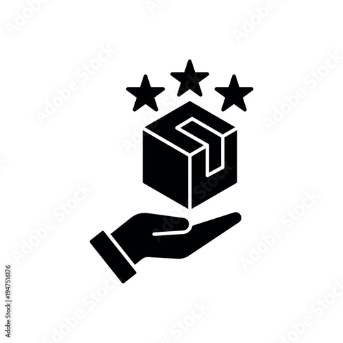 icon a popular product with package box held by hand and stars, isolated against a clean background.