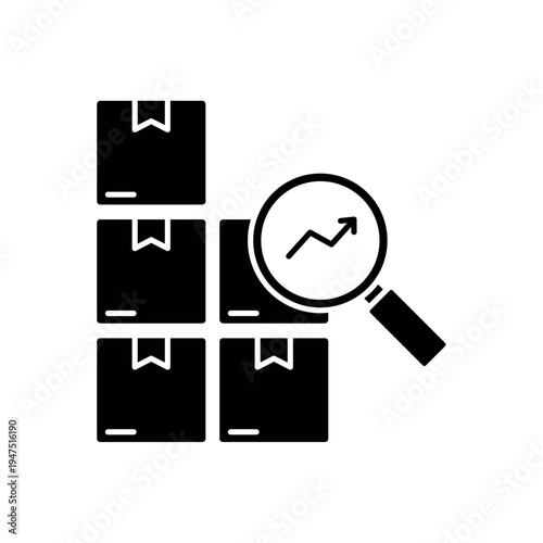 icon a demand surge with stacked boxes and magnifying glass, isolated against a clean background.