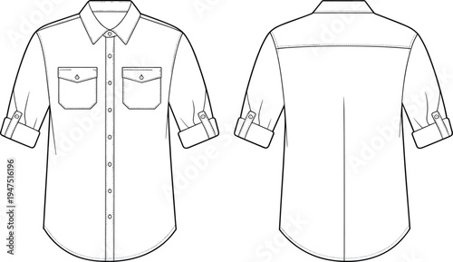 Men roll up sleeve button down shirt with chest pockets front and back view technical template, apparel CAD drawing flat vector illustration