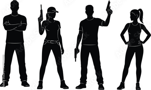 Black silhouette vector of diverse action heroes team, men and women group standing in powerful poses holding guns for tactical mission defense and security.
