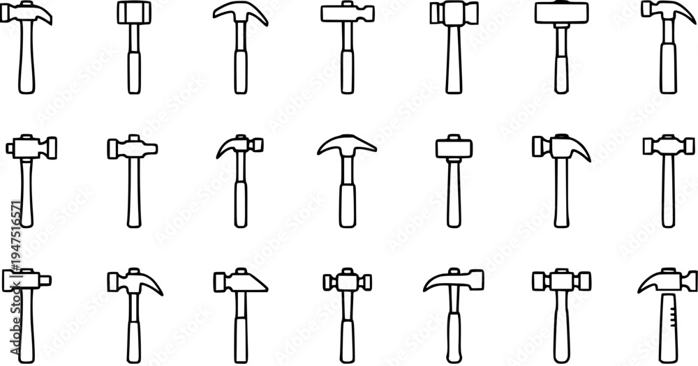 Obraz premium Diverse Hammer Types Outline Icons Set for Construction DIY. Collection of Hand Tools for Carpentry, Repair, and Building Projects.