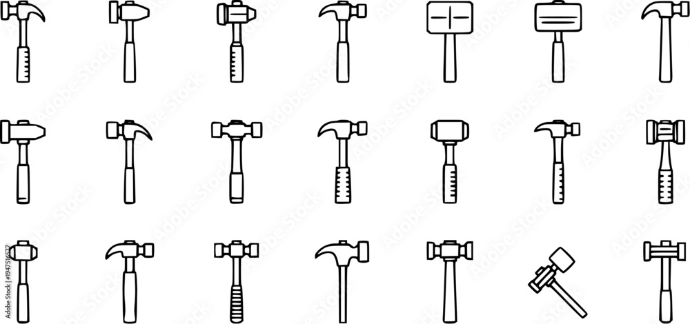 Obraz premium Collection of Various Hammer Tools Line Art Icons Set on a White Background for Construction and Repair