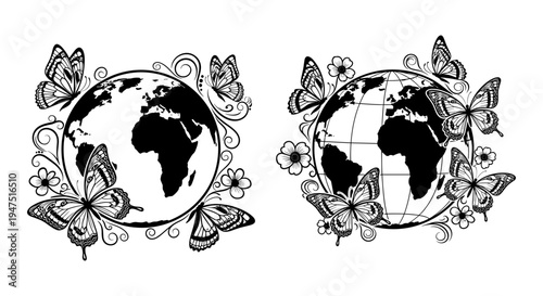 Elegant butterflies surrounding a globe in intricate black and white artwork. Vector, illustration