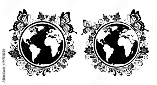 Elegant black and white butterfly framed globes with intricate decorative borders Vector, illustration