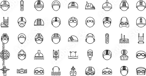 Swimming Caps, Helmets, and Goggles Line Icons Set - Vector Collection of Water Sports, Safety Headwear, and Aquatic Activity Symbols