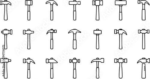 Diverse Hammer Types Outline Icons Set for Construction  DIY. Collection of Hand Tools for Carpentry, Repair, and Building Projects.