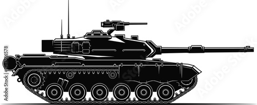 "Black and white silhouette illustration of modern military tank with long barrel cannon, turret equipment, antennas, caterpillar tracks, armored combat vehicle design artwork"