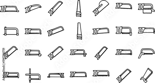 Line art icons set of various saws, including hacksaw, hand saw, coping saw, and more, for carpentry, woodworking, and general construction tools.