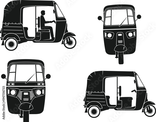 Black and White Vector Silhouette Set of Indian Auto Rickshaw Tuk Tuk Showing Front and Side Views Isolated on a Clean White Background