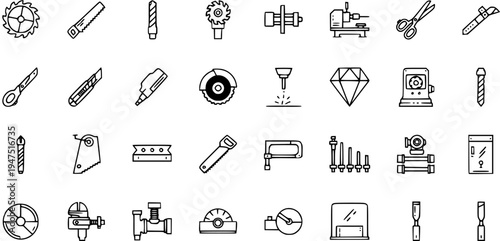 Outline Icons Set of Industrial Tools, Workshop Equipment, Machining, and Cutting for Manufacturing and Craftsmanship