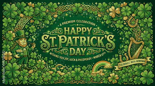 Festive st patrick's day banner featuring green clovers leprechaun harp and rainbow in intricate gold design