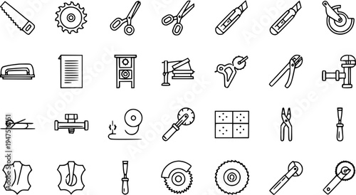 Set of diverse outline icons depicting various hand tools, power tool blades, and crafting materials like leather, suitable for DIY, woodworking, and repair projects.