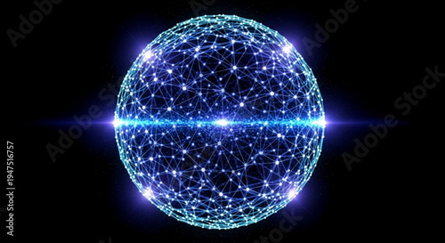Glowing blue network sphere with connections and bright lights on black background representing technology and innovation