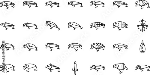 Collection of Fishing Lure Icons and Illustrations on White Background