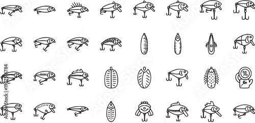 Fishing Lures Icons Set - Hand Drawn Black and White Outline Vector Collection of Various Fish-shaped and Cylindrical Artificial Bait for Sport Fishing