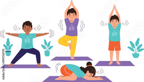 Kids Yoga Pose Illustration Set with Tree, Warrior, and Child Poses for Fitness, Health, and Wellness Content