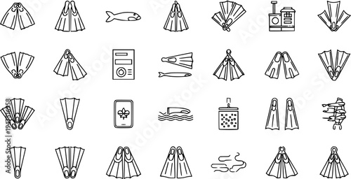 Collection of Black and White Line Art Icons Related to Swimming and Water Activities