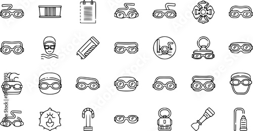 Set of Outline Icons for Swimming Gear, Goggles, and Pool Accessories