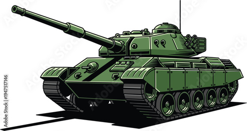 "Detailed illustration of green military tank with long barrel cannon, turret hatches, sensors, heavy armor plating, caterpillar tracks, angled front side combat vehicle artwork"