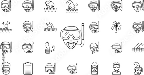 Snorkeling and Diving Line Icons Set. Vector Outline Symbols for Swimmers, Divers, and Water Sports Activities. Summer Vacation, Ocean Recreation, Underwater Adventure Pictograms.
