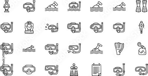 Snorkeling and Scuba Diving Outline Icons Set with Mask, Snorkel, Fins, Underwater Equipment, and Related Activities, Line Art Vector Collection