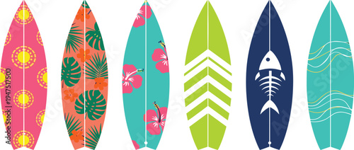 Colorful Surfboard Set with Tropical Patterns, Floral Designs, and Ocean Waves for Beach, Sports, and Summer-Themed Graphics