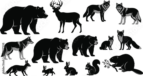 Woodland animal vector illustration, forest wildlife collection, bears deer wolves foxes rabbits squirrel beaver artwork, nature ecosystem design, black and white cartoon style