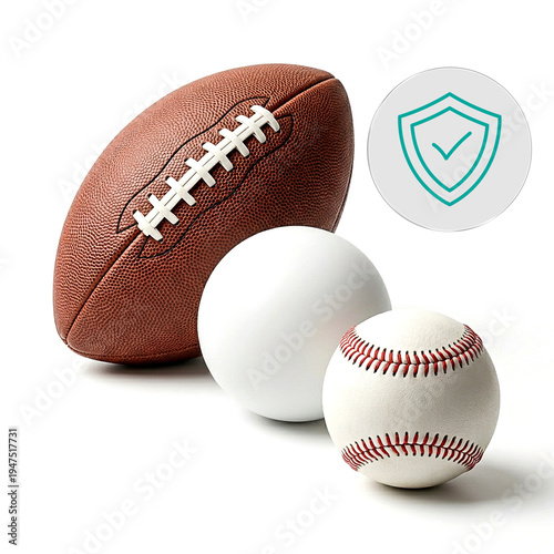 A collection of sports equipment featuring an american football, a white ball and a baseball ball