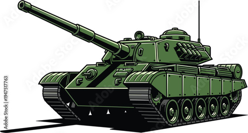 "Detailed illustration of green military tank with long barrel cannon, turret hatches, radio antenna, caterpillar tracks, armored combat vehicle design artwork for defense technology"