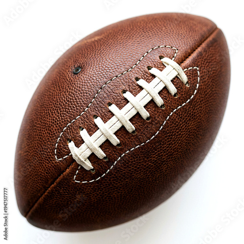 A detailed close up of a classic brown leather american football isolated on a plain white background
