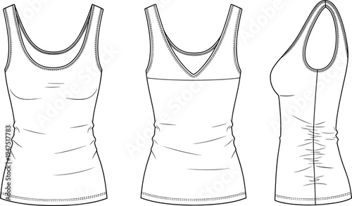 "Technical fashion illustration of sleeveless women’s tank top showing front, back, and side views with scoop neckline, fitted silhouette, seam details, apparel design garment construction sketch"