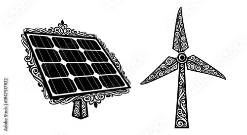 Solar panel and wind turbine illustration for renewable energy sources Vector, illustration