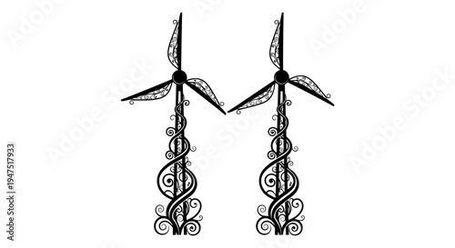 Two wind turbines with intertwined caduceus symbols at their bases. Vector, illustration