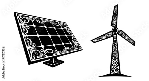 Intricate design fusion of a solar panel and a wind turbine with ornate patterns Vector, illustration