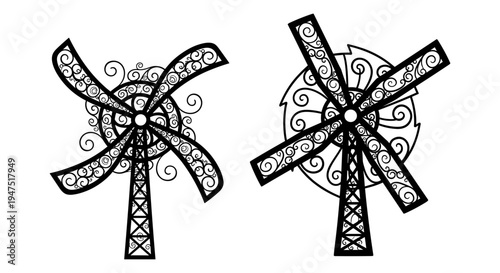 Intricate geometric windmill designs with symmetrical patterns and decorative details Vector, illustration