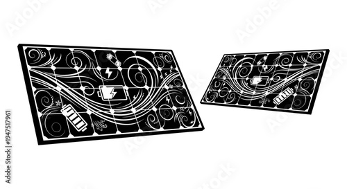Intricate technical schematics of futuristic mechanical devices on black backgrounds Vector, illustration