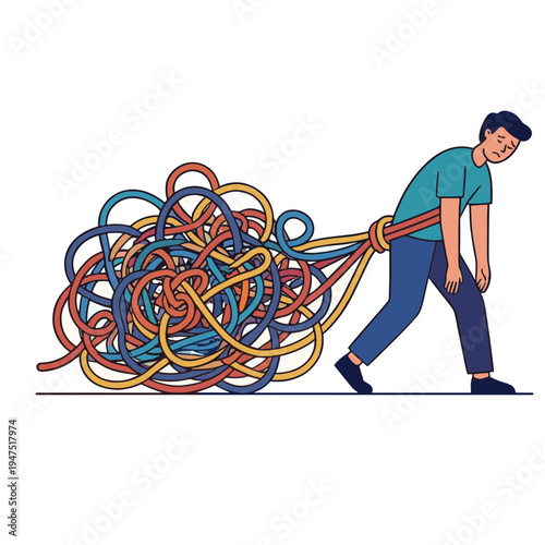 Man struggles to pull tangled colorful wires in frustration outdoors