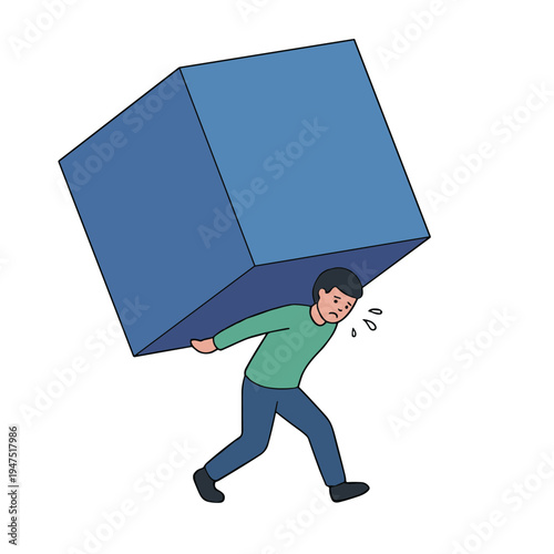 Man struggles to carry large blue cube down street with effort