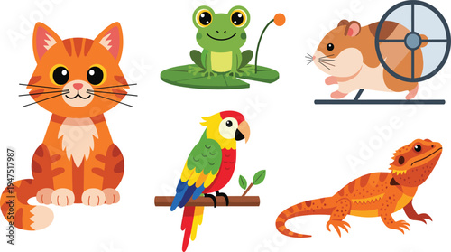 Vector Illustrations of a Cute Cat, Frog, Hamster with Wheel, Parrot on Branch, and Lizard