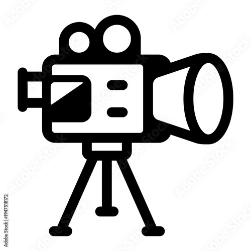 A solid style icon depicting tripod camera
