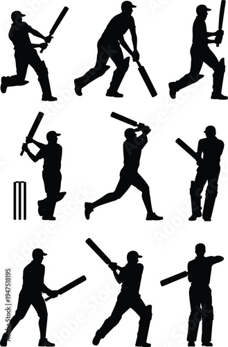 Cricket batting silhouette icon set, sports action graphics, player stroke symbols, wicket and bat figures, black vector, white background