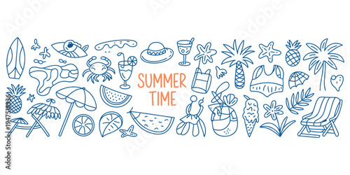 Summer Time Doodle Icons Blue Line Art on White Background Keywords: summer time, summer, icons, set, doodle, hand drawn