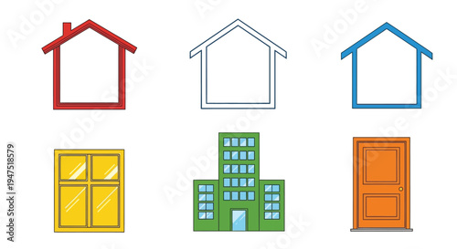 Simple illustrations of houses doors and buildings with bright colors