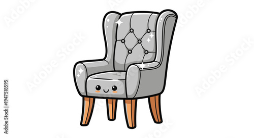 A cute cartoon drawing of a grey tufted armchair with wooden legs